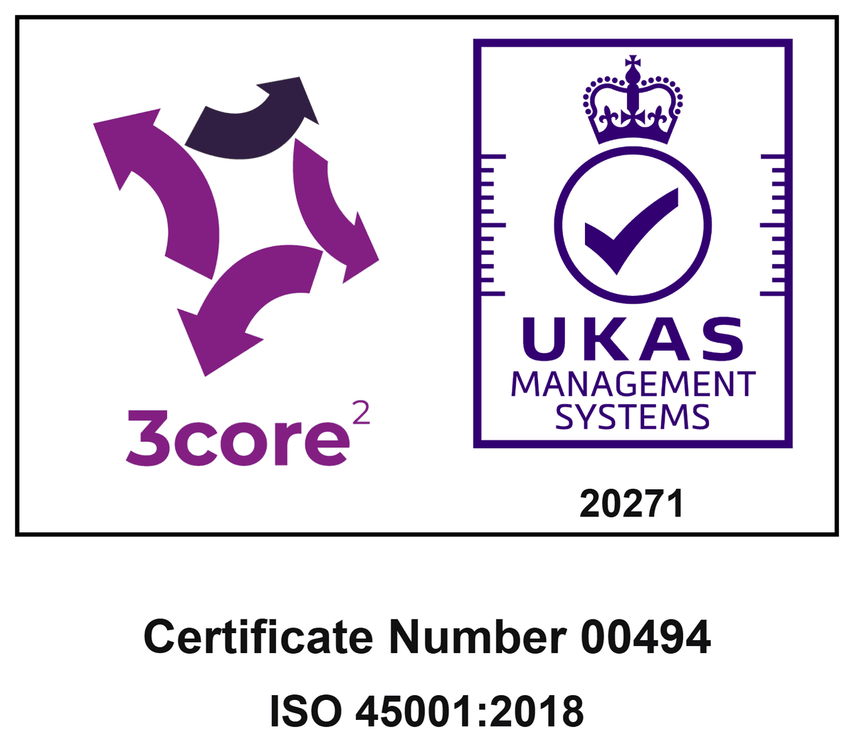 Certificate 00494 ISO 45001:2018 combined 3core and UKAS certification mark