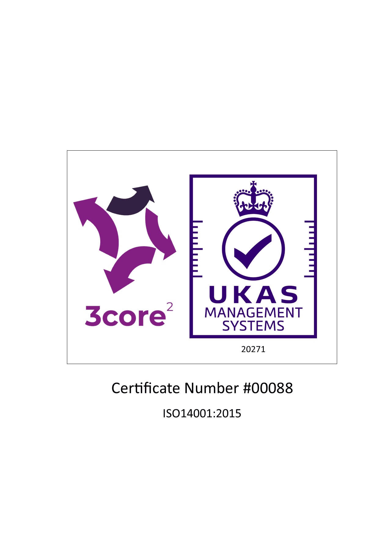 Certificate 00088 ISO 14001:2015 with 3core and UKAS marks