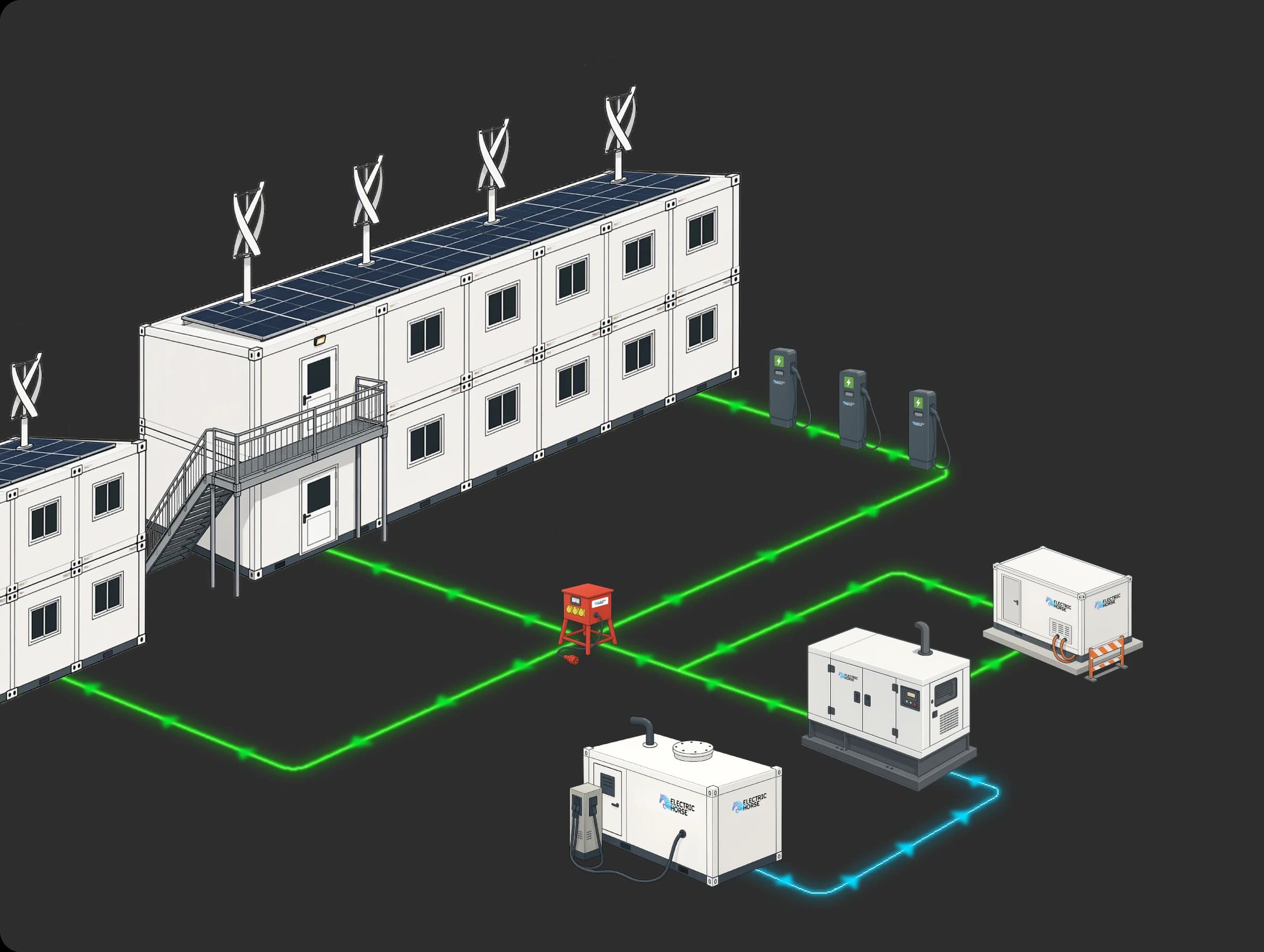 Modular site building connected to temporary generators, battery storage, lighting, EV charging and site distribution